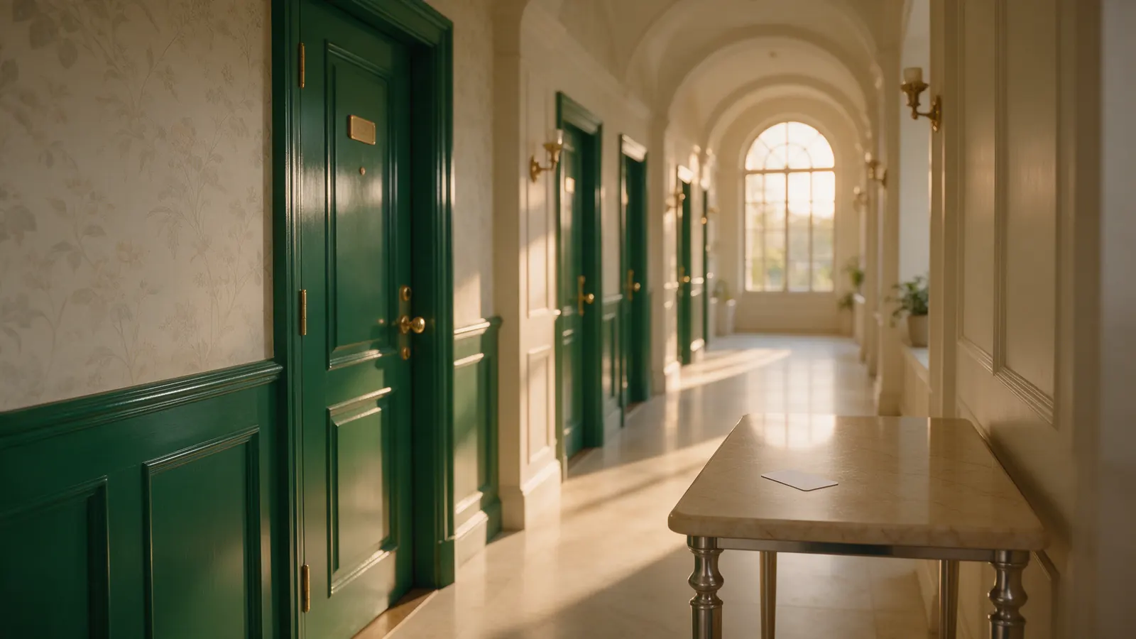 A quiet resort corridor in late afternoon light