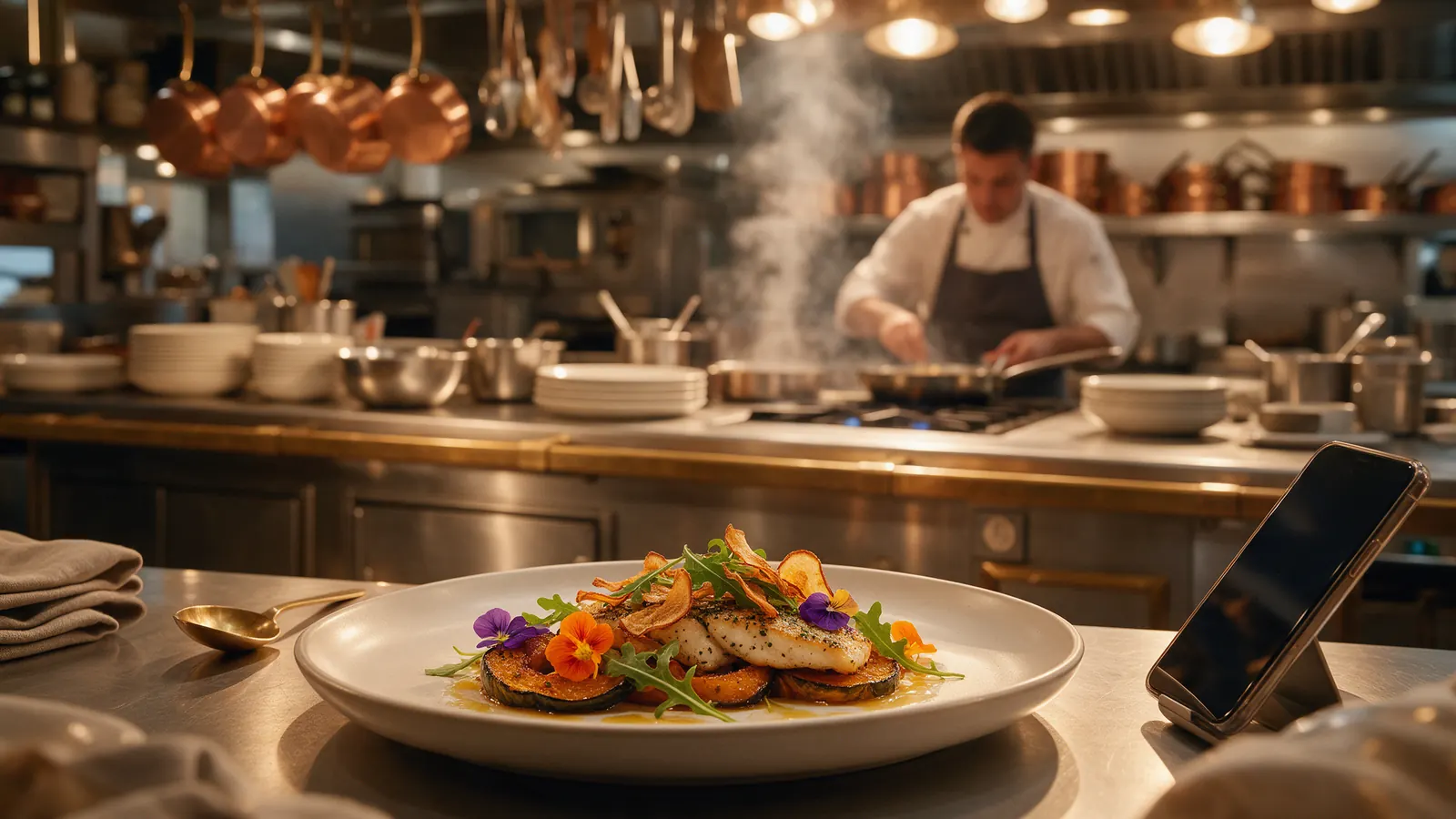 A kitchen pass at service, a phone on a stand at the edge of it