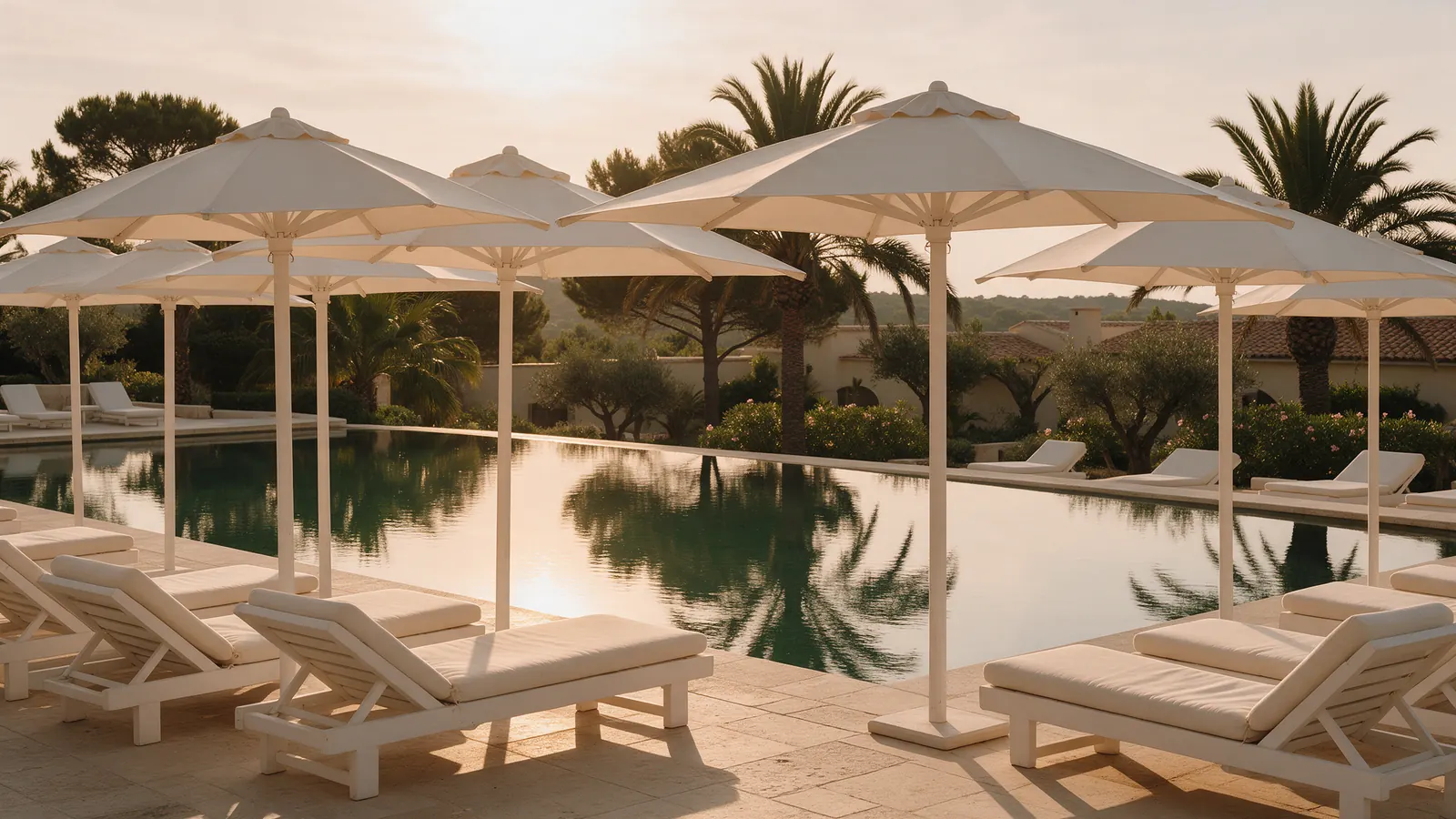 Sun loungers beside a still pool at golden hour