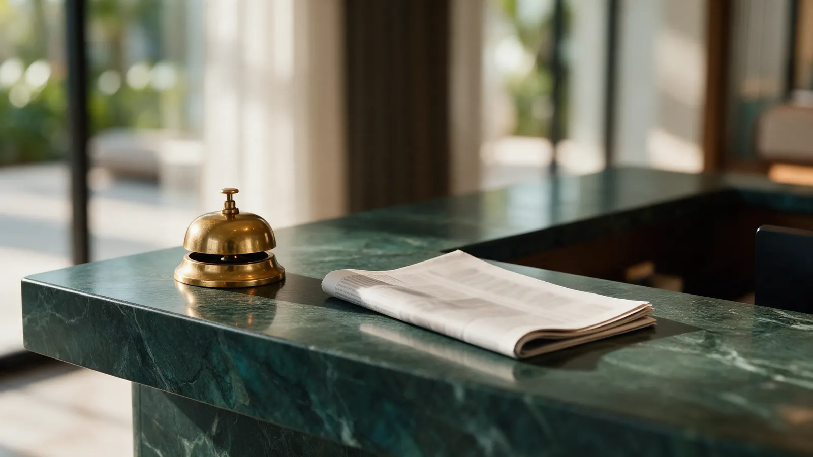 A reception desk detail in morning light, a brass bell on dark green stone