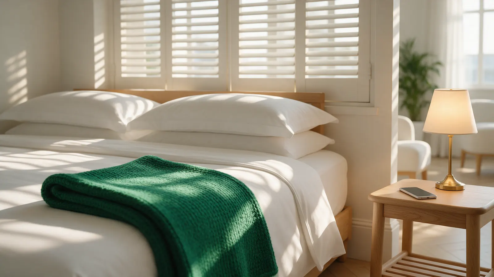 A made hotel bed with a phone face down on the bedside table
