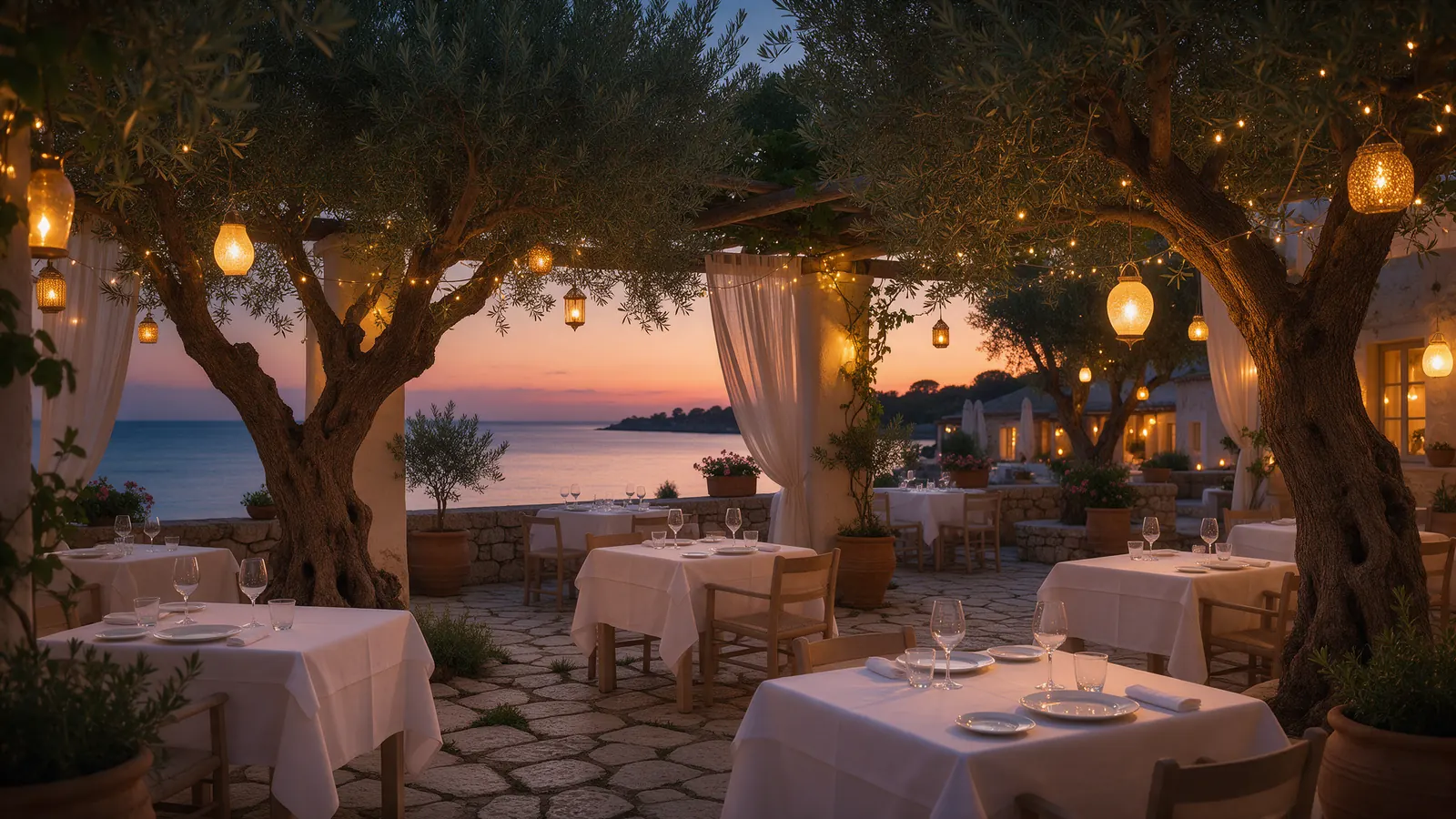 A Mediterranean restaurant terrace at dusk, tables laid and empty